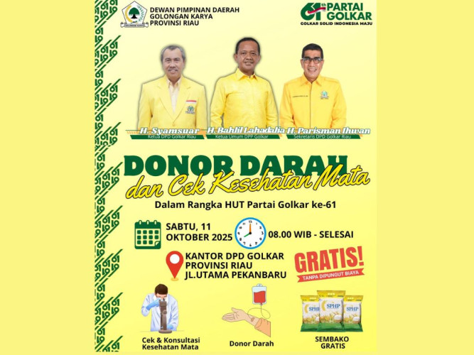 Golkar Riau Berbagi Sehat: Donor Darah, Cek Mata, dan Sembako Gratis di HUT ke-61